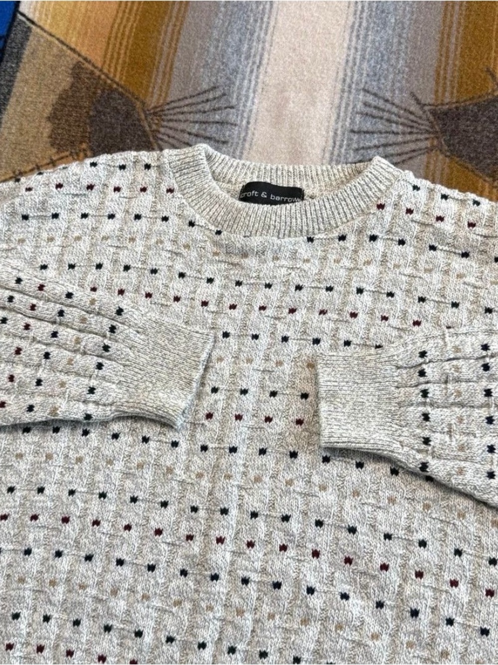 crown & ivy Cream Crewneck Sweater with Navy and Burgundy Dots